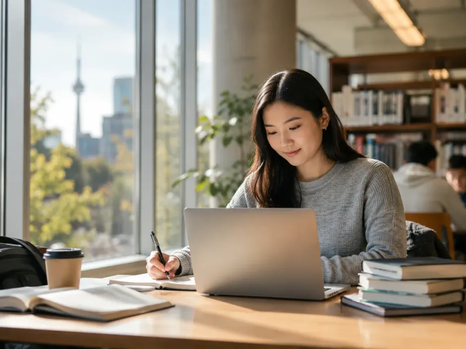 An international student studying in a Canadian library